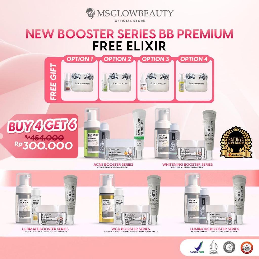 MS GLOW - [BUY 4 GET 6] PAKET WAJAH BOOSTER BB PREMIUM FREE SERUM ELIXIR - MECERAHKAN WAJAH DAN MENY