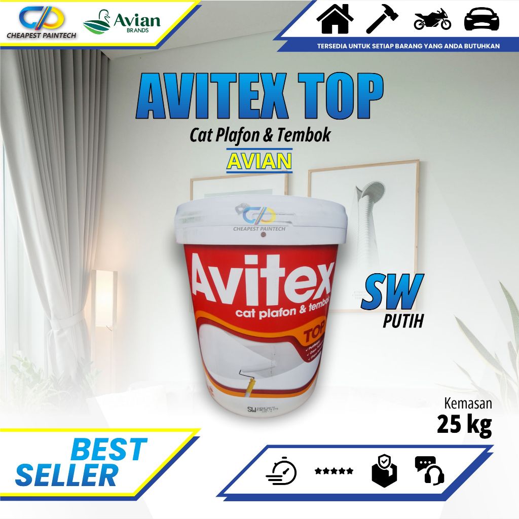 [25 KG] CAT TEMBOK AVIAN AVITEX TOP SW WARNA PUTIH KEMASAN 25 KG