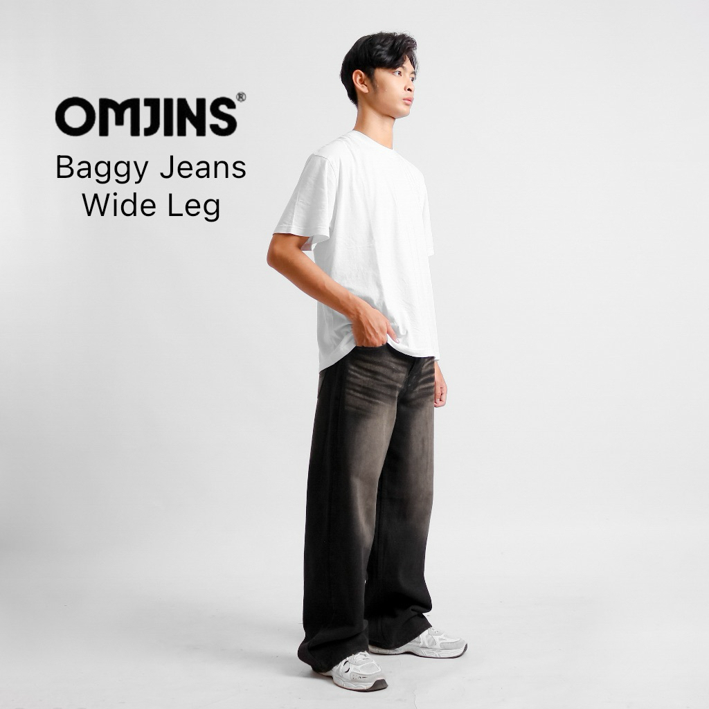 OMJINS Baggy Pants Celana Jeans Panjang Pria Wide Leg Skena