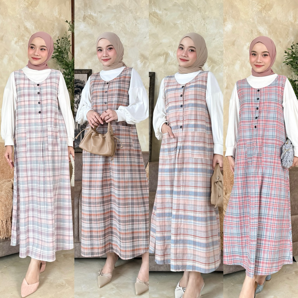 Overall Dress Wanita Katun Triset Premium Motif Kotak Pastel Overall Triset Gamis Lebaran