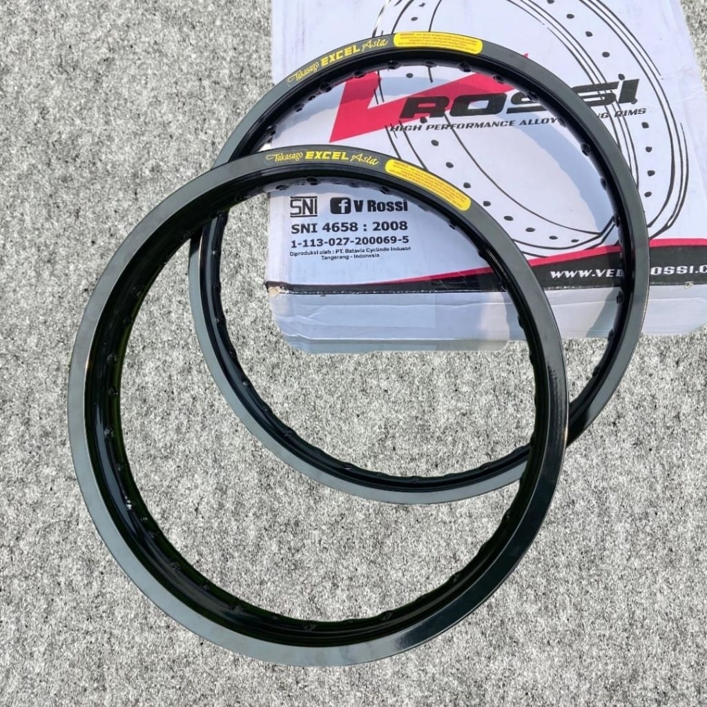 VELG V ROSSI HITAM GLOSSY SUDAH DICUSTOM STIKER TAKASAGO EXCEL ASIA UK 120 140 160 185 RING17