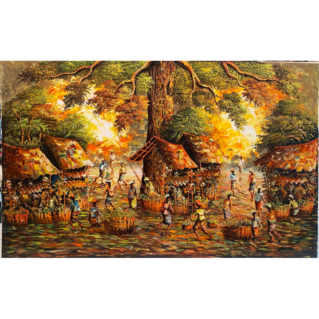 lukisan pasar tradisional Bali, lukisan asli buatan tangan, lukisan cat minyak