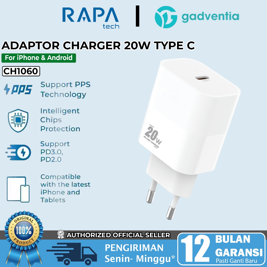 RAPAtech Power II Adaptor Charger Type C PD Fast Charging 20W For iPad iPhone 11-15 Samsung CH1060
