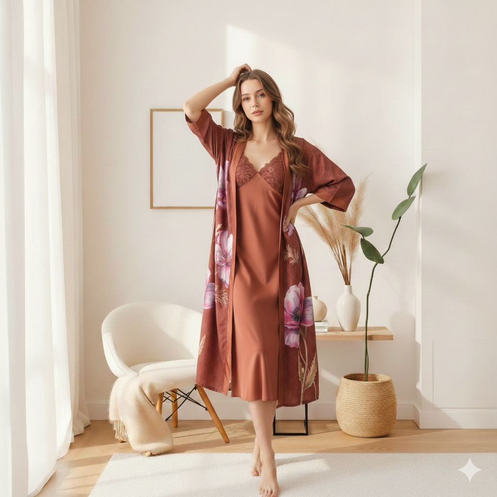 Cynthia Stella Long Kimono Set 2 In 1 All Size Bahan Satin Motif Bunga Kimono Baju Tidur - 600928