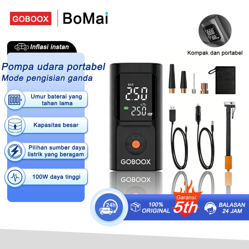 BoMai Pompa Ban Motor Dan Mobil Sepeda Balon Elektrik Mini Portable 4500mAh / Monitor Tekanan Angin 