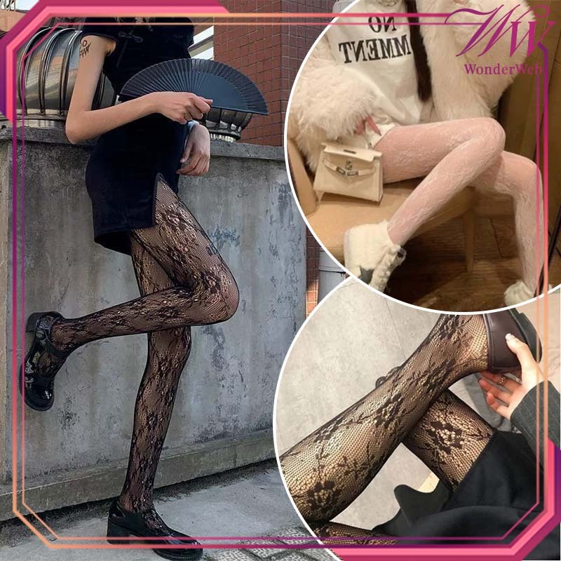 1 Pasang Stocking Lace Putih Hitam Stocking Motif Bunga Stocking Lolita Cosplay Stocking Renda Putih