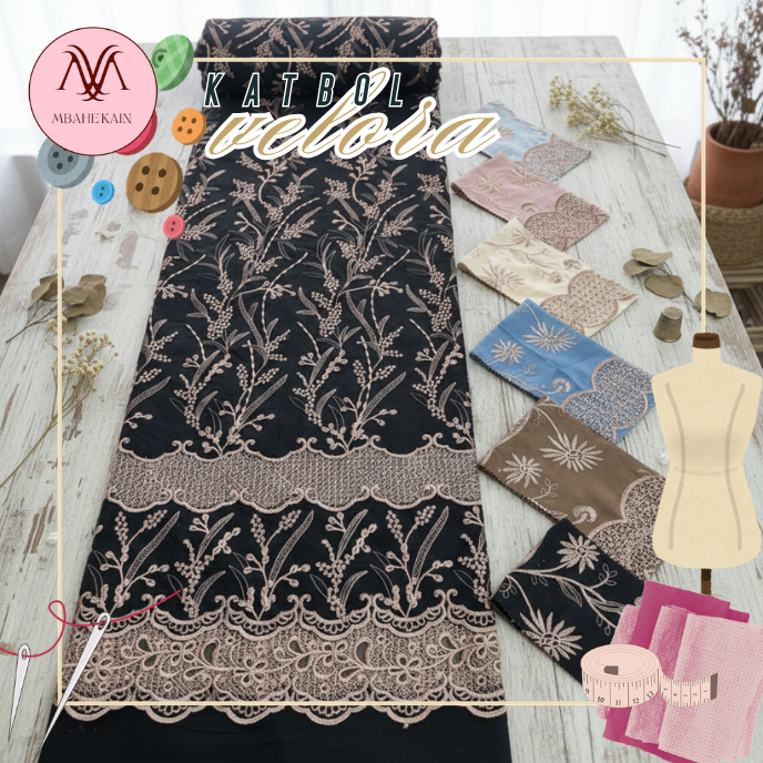 Kain Katbol Katun Bordir Bolong "VELORA" Premium Motif PREMIUM Halus Murah Per Setengah Meter Untuk 