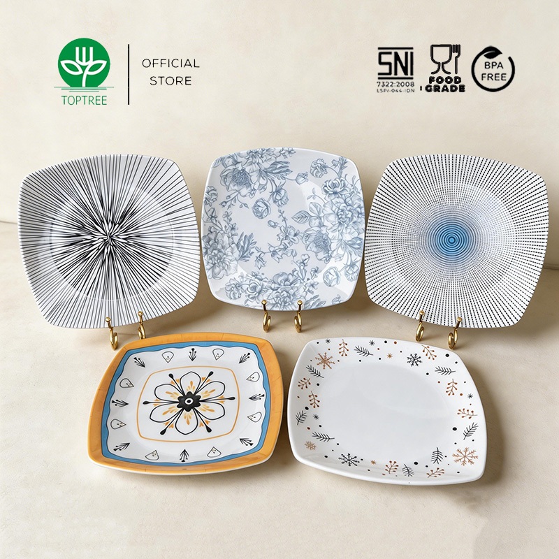 TOPTREE Piring Persegi Melamin Ukuran 7–10 Inch Motif Bunga dan Garis