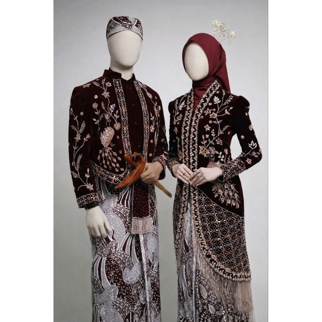 sepasang beskap dan kebaya pengantin adat jawa bludru hitam payet gold solo putri payet kombinasi