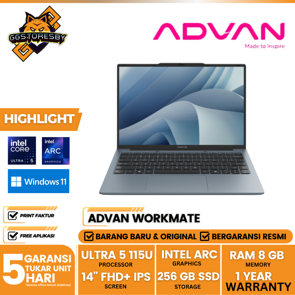 ADVAN Workmate Ultra Intel Ultra 5 115U With AI Boost NPU 8GB/256GB 14" FHD IPS Laptop Notebook Wind