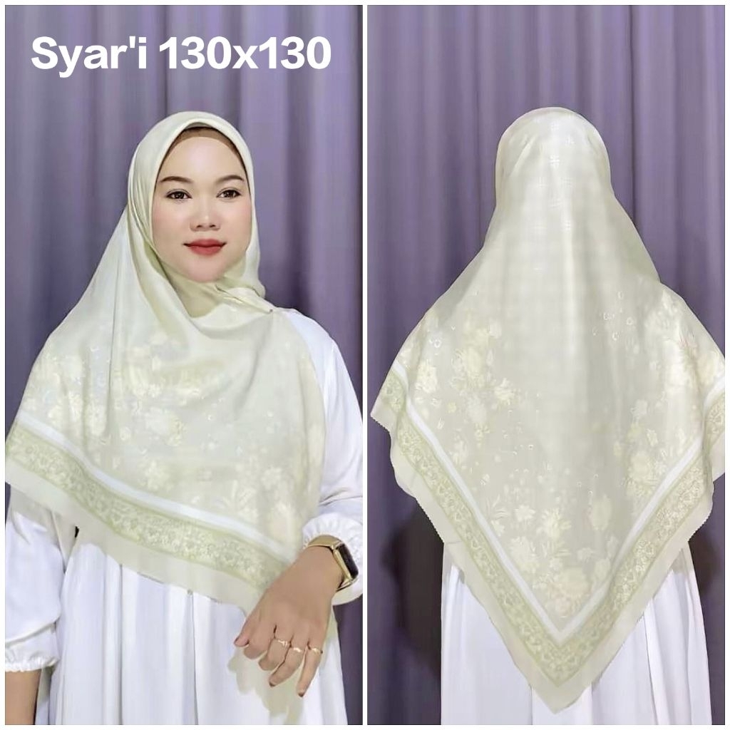 HIJAB SYAR'I SEGI EMPAT VOAL MOTIF SUBLIME BUNGA KIYANDRA HIJAU MUDA LEMON