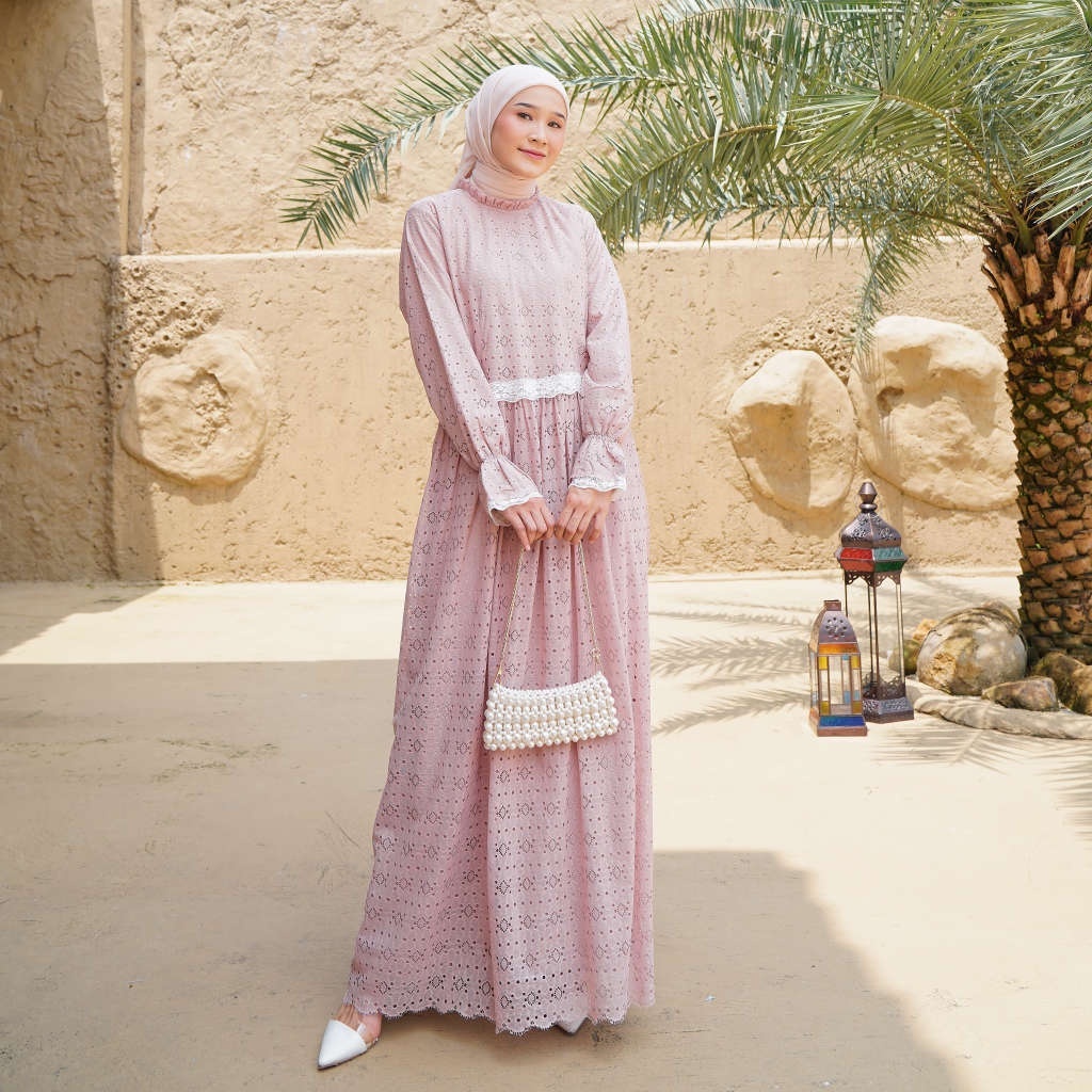 Chics.id Naila Dress Nude Pink Varian Border Renda/Gaun Wanita Modis Dan Mewah Serta Elegan/ Gamis W