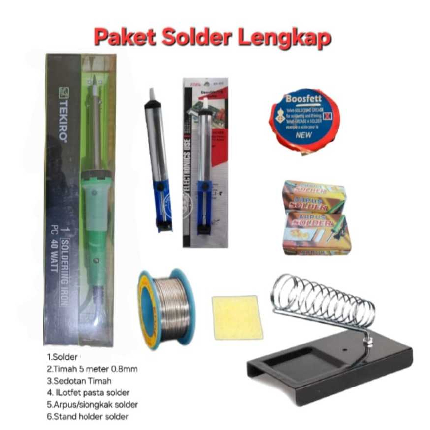 TEKIRO Solder 40 Watt Paket Lengkap Peralatan Solder-Timah 5 Meter 0.8mm Tempat Solder Sedotan Timah