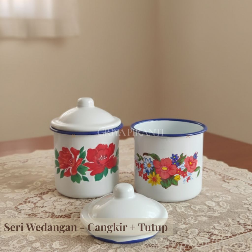 GRIYA PIRANTI - Seri Wedangan Kembang Mug Enamel 8cm Cangkir+Tutup Klasik Jadul Timeless / Cangkir e