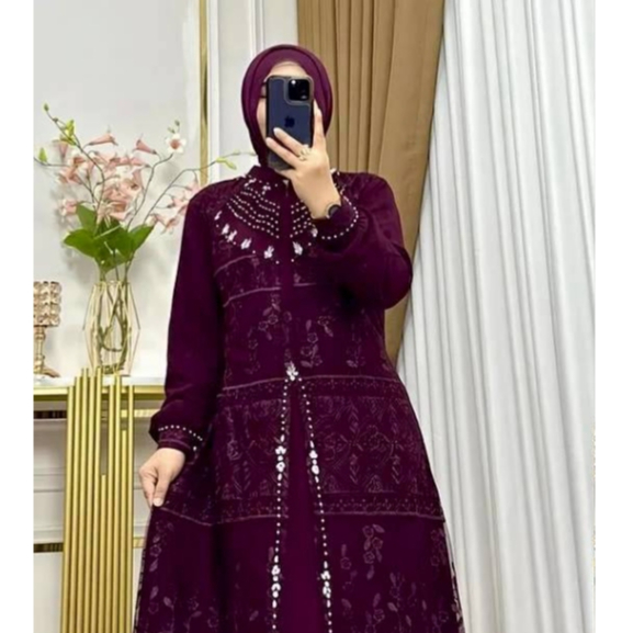 Dress Wanita Muslim Terbaru 2026 Gamis Aqila Bahan Ceruty Babydoll Full Payet Warna Burgundy