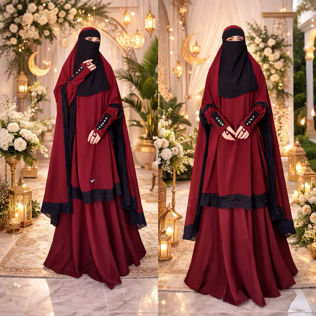 Set Setelan Baju Gamis Wanita Muslimah Khimar Jilbab Super Jumbo lengan Handsplit Renda Maroon mix H