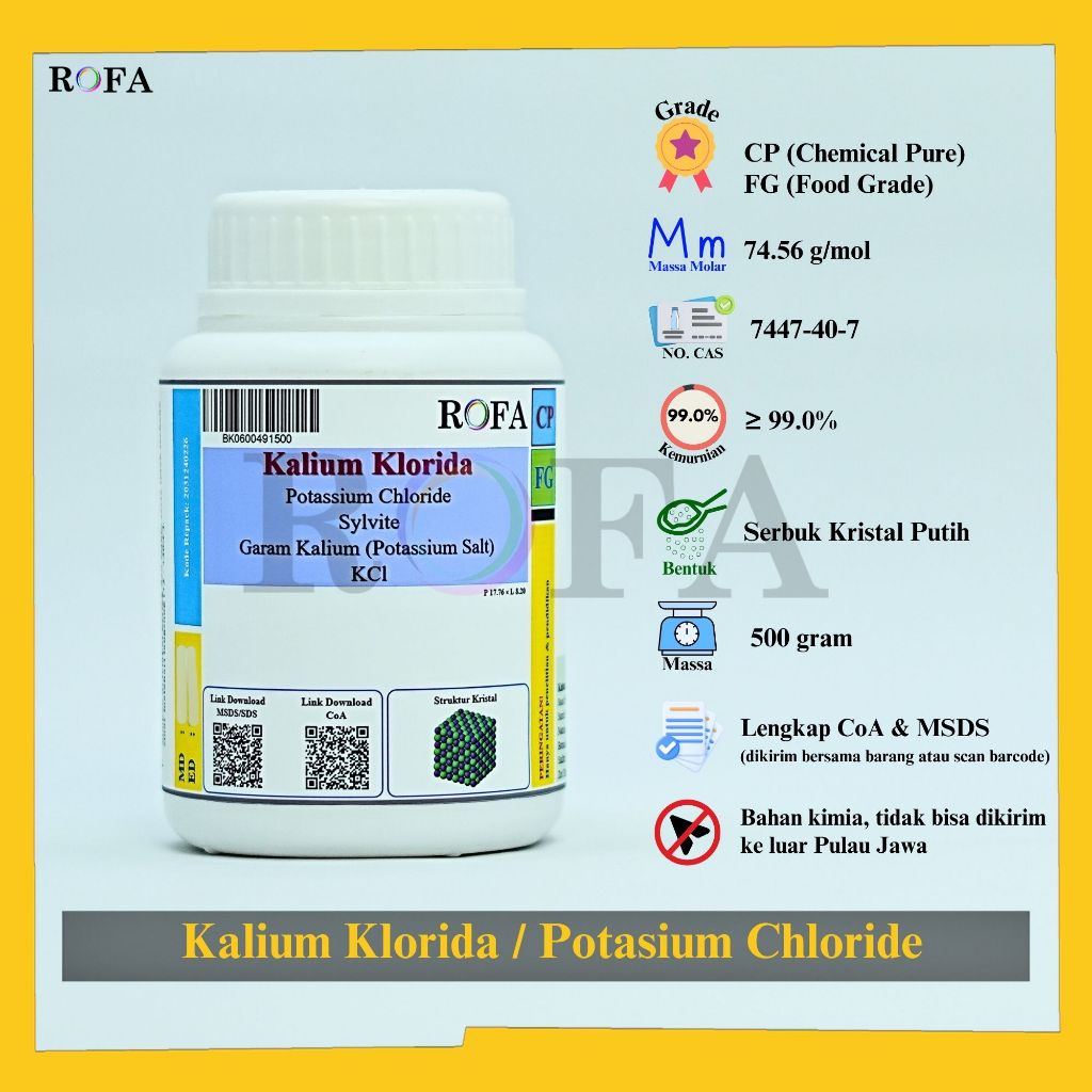 ROFA Kalium Klorida / Potasium Chloride / Garam Kalium / KCl CP 500 Gram