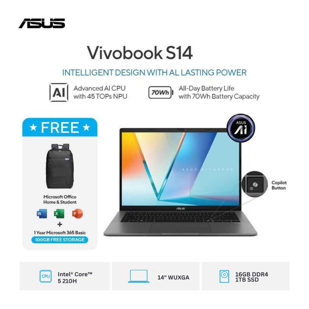 ASUS VIVOBOOK S14 S3407VA CORE I5 210H 16GB 1TB WINDOWS 11 + OFFICE 14.0 INCH WUXGA IPS