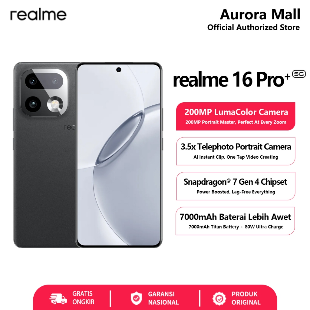 Hp realme 16 Pro+ 5G 12/512GB RAM 12GB+14GB Extended Garansi Resmi Android Handphone Terbaru 2026