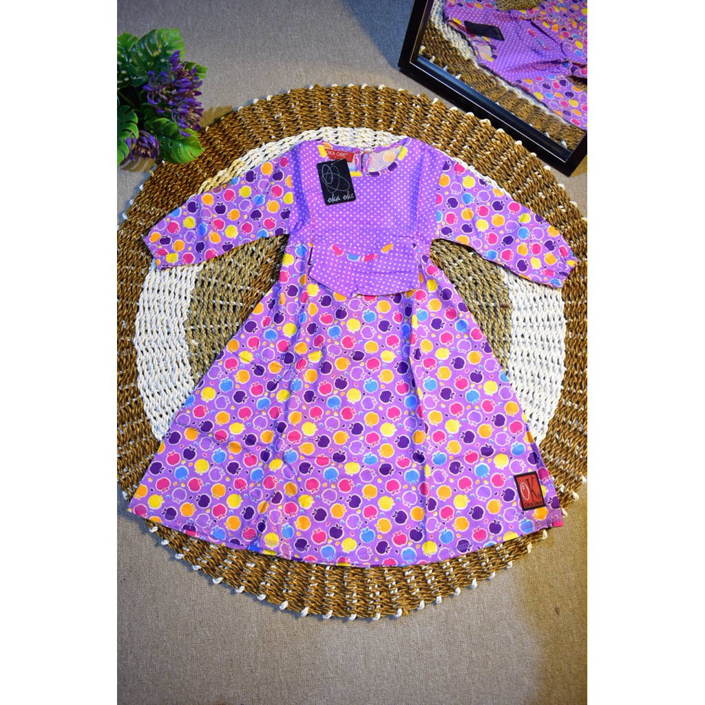Gamis OkaOke anak motif apel polkadot ungu