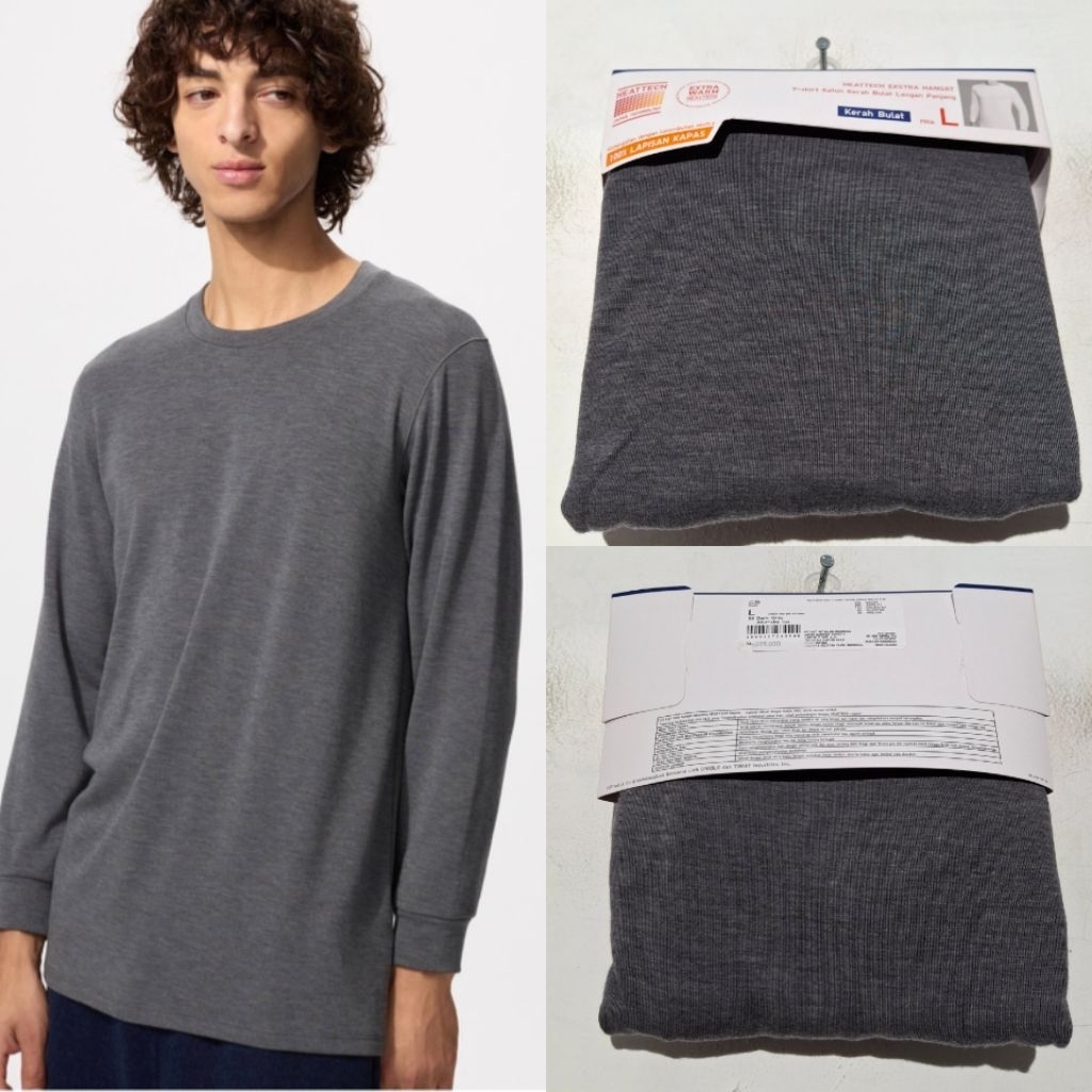 UNIQLO KAOS HEATTECH EKH T-SHIRT KATUN PRIA KERAH BULAT  08 DARK GRAY BARU ASLI ORIGINAL