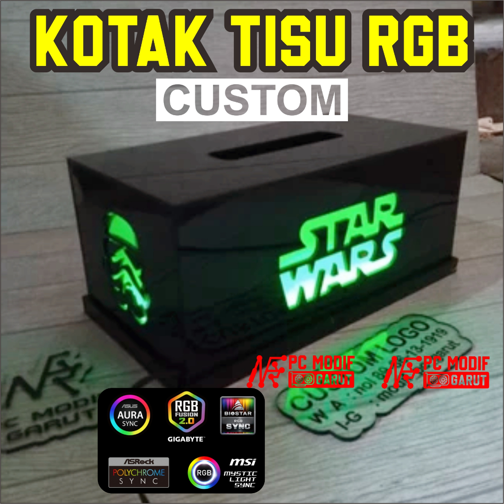 HIASAN MEJA KOMPUTER ROOM GAMING KOAK TISU LOGO CUSTOM LED RGB