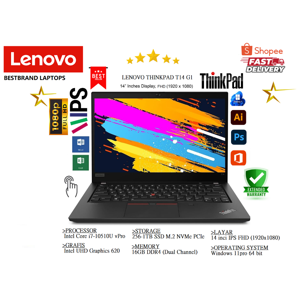 LAPTOP DESAIN BERKUALITAS LENOVO ThinkPad T14 G1 Core i7-10th Gen TOUCHSCREEN BERGARANSI