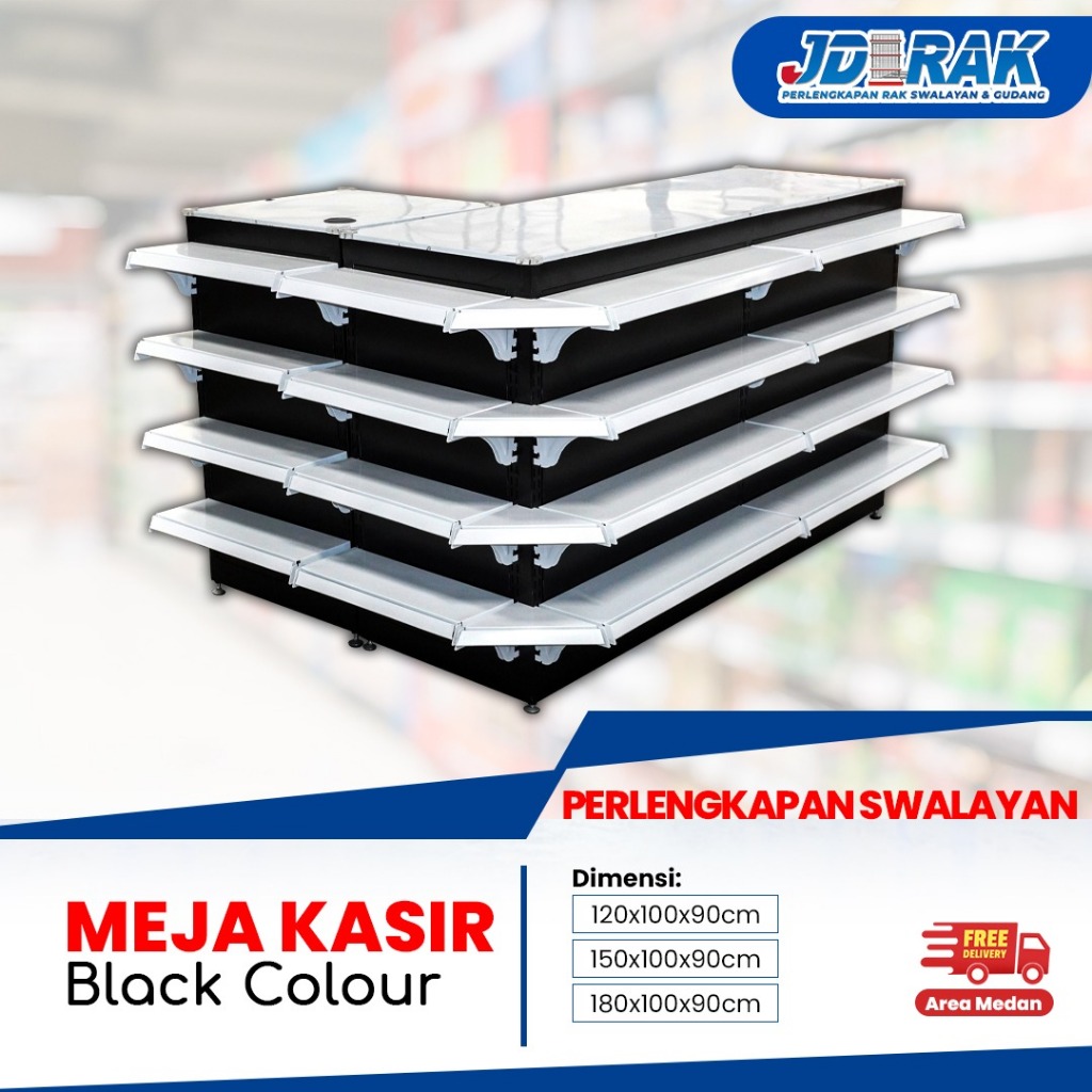 Meja Kasir Minimarket 180x100x90 cm Plus Rak Shelving – Meja Kasir Toko Besi Kokoh