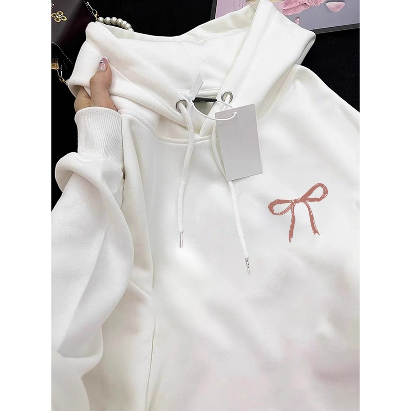 Forteid  Hoodie Sweater Wanita Oversize Motif cetak pita kupu-kupu berwarna merah muda Korean Style 