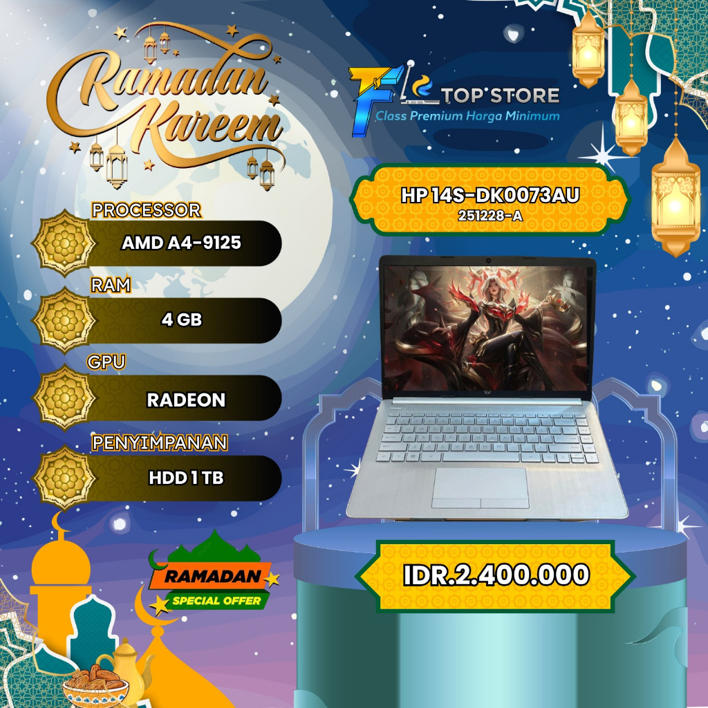 LAPTOP HP 14S-DK0073AU AMD A4-9125 RAM 4 HDD 1TB-BACKLITE