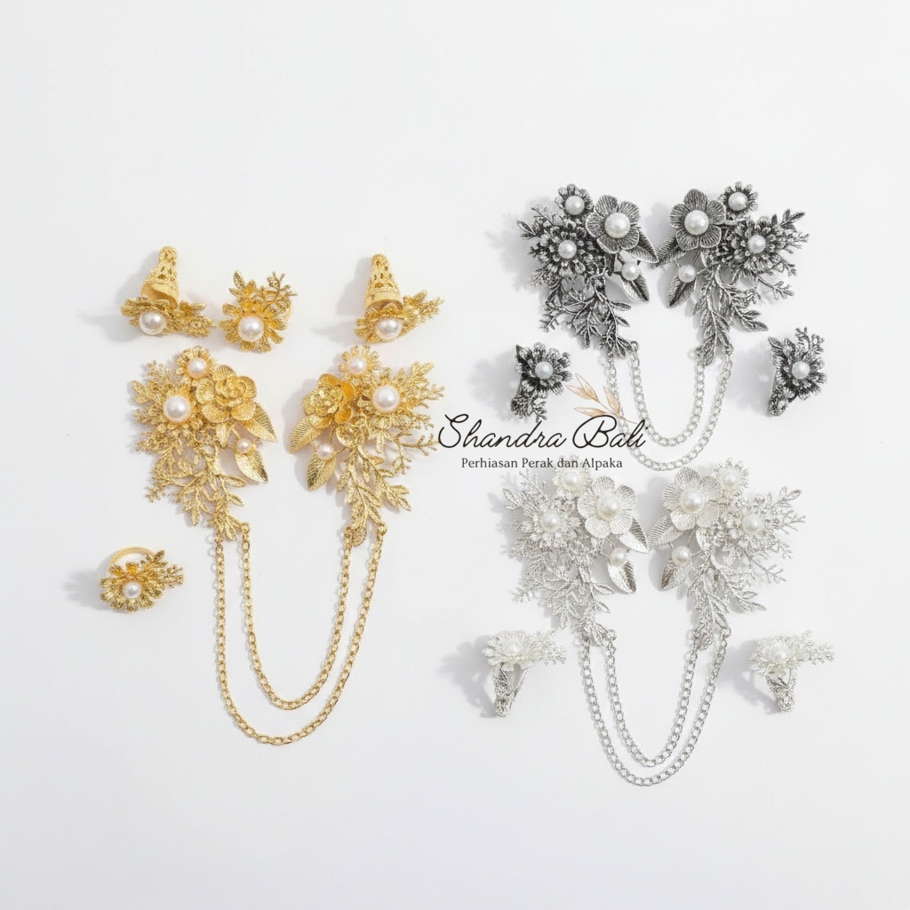 Shandra Bali - Set Bros Kancing Peniti Maharani Kenari Warna Gold Silver dan Perak Bakar Aksesoris P