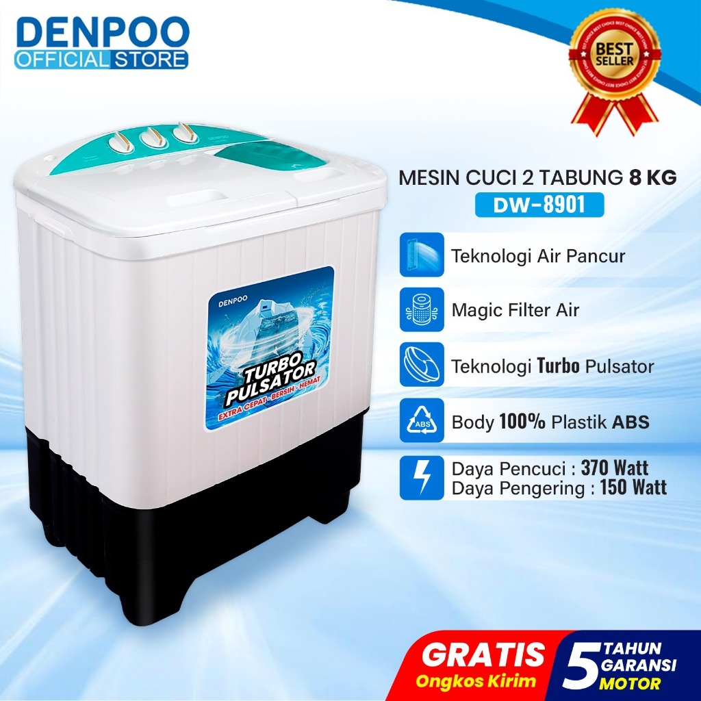 Denpoo Mesin Cuci 2 Tabung DW 8901 NEW