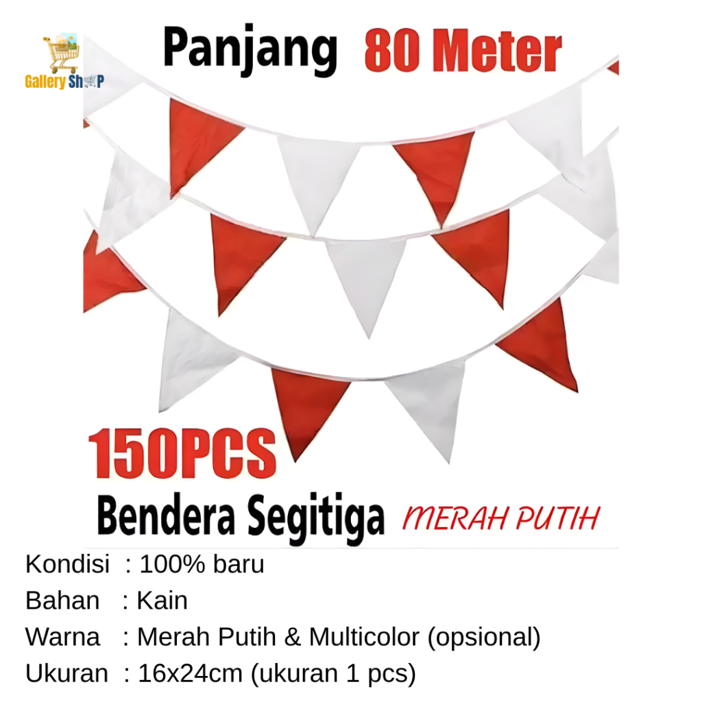 80 Meter Bendera Segitiga Merah Putih / 150pcs Bendera Kain Segitiga