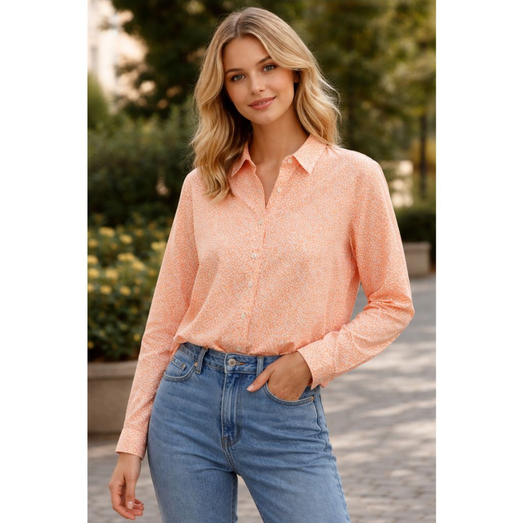 NEW ARRIVAL H*M Women Longsleeve Orange Soft Flower Shirt / Kemeja wanita branded fulltag / kemeja w