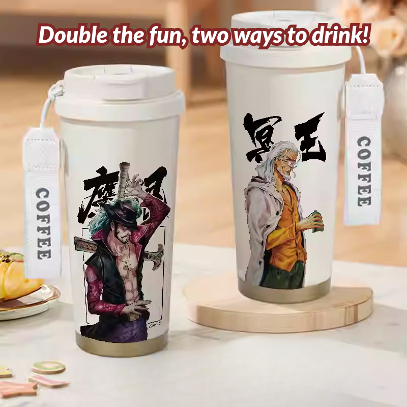 Tumbler termo Karakter One Piece Mihawk Rayleigh 500ml dinding ganda isolasi panas dan dingin hingga