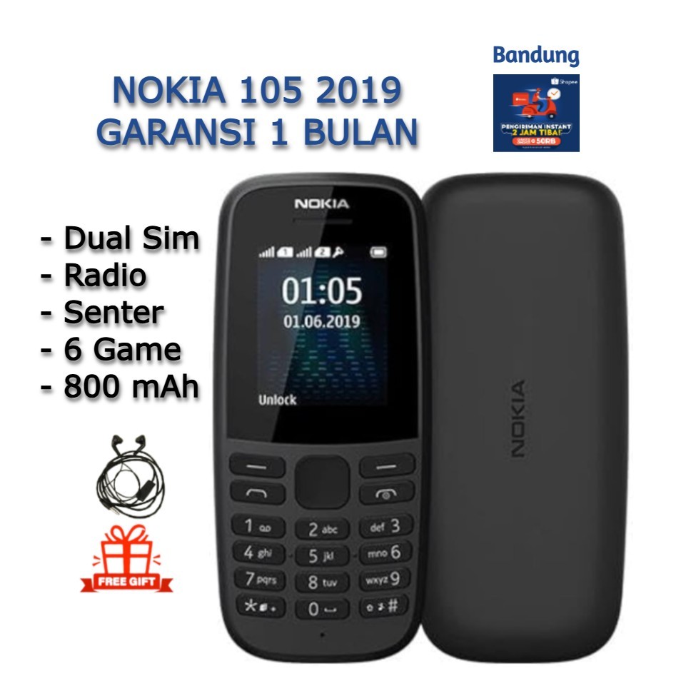 HP NOKIA 105 2019 BARU GARANSI 1 BULAN DUAL SIM RADIO SENTER GAME 800mAh