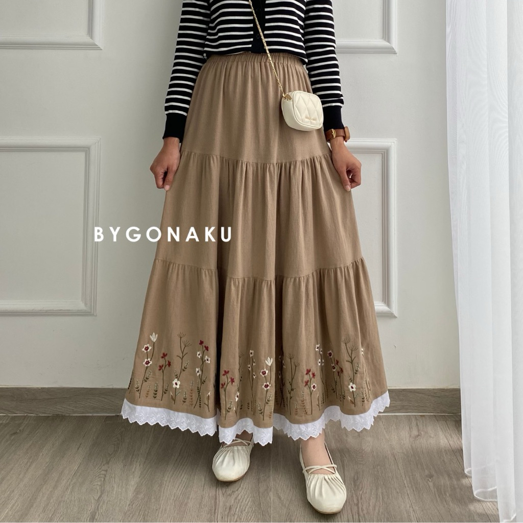 [GONAKU] Dhara Skirt Embroidery Linen | Rok Panjang Linen Bordir | Highwaist Skirt | Korean Style | 
