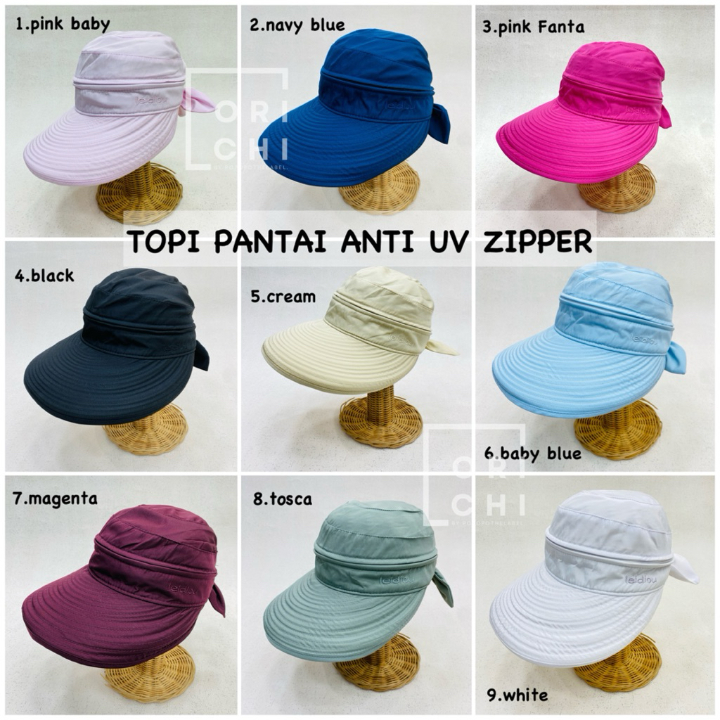 TOPI PANTAI WANITA UV ZIPPER / TOPI PANTAI FASHION WANITA IMPORT HIGH QUALITY / TOPI PANTAI 2 IN 1 /