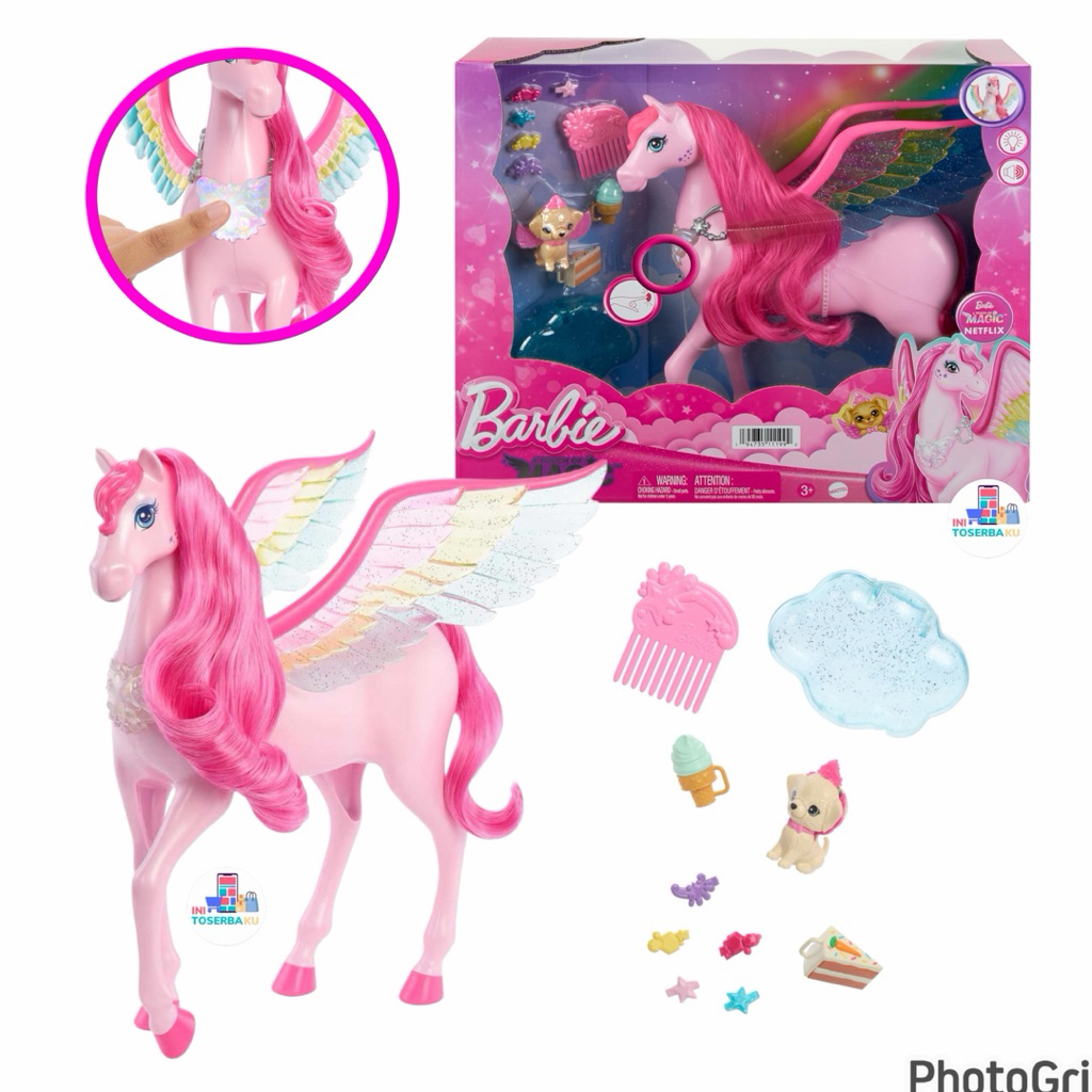 BARBIE FAIRYTALE A TOUCH OF MAGIC PINK PEGASUS WITH PUPPY MATTEL / MAINAN ANAK KUDA PEGASUS DENGAN A