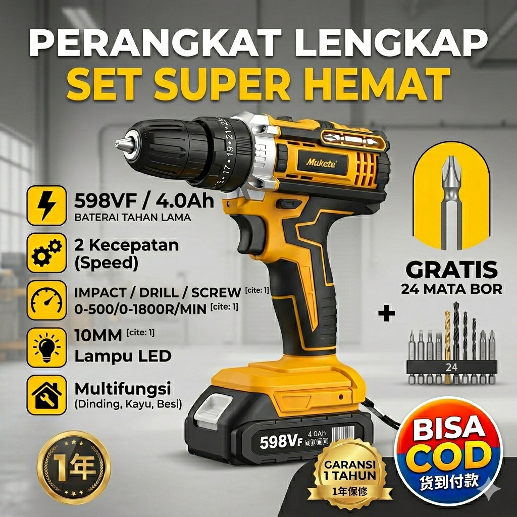 Mukete Bor Impact Baterai 10MM 1800RPM Bor Tangan Elektrik Nirkabel