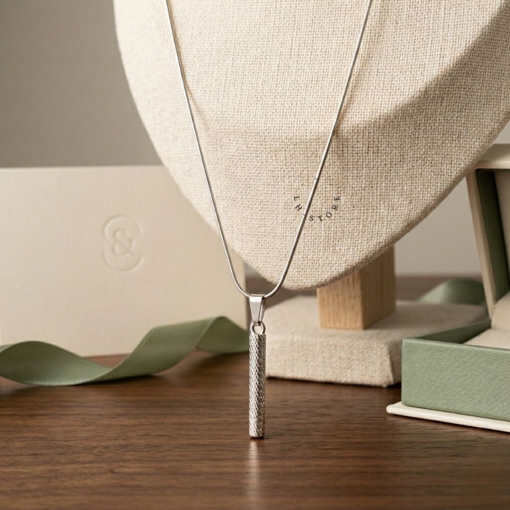 Kalung Titanium Pria/Wanita Liontin Tabung Ulir - Silver Minimalis