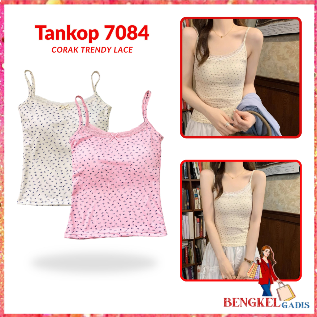 BG Tanktop Wanita Singlet Motif Bunga Renda 7084 Bra Busa Tali Floral Lace Pita Lucu Atasan Knit Cor