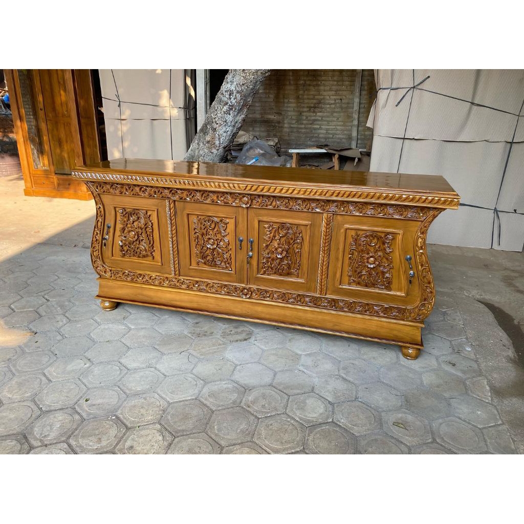 bufet pendek kayu jati ukir, bufet pendek jati, bufet pendek biola kayu jati ukir