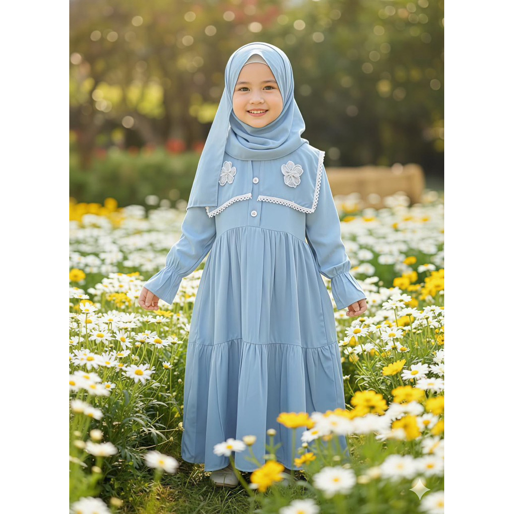 ENDEMANDA Gamis Balita Katun Rayon Twill Premium kerah bunga bahan adem set pashmina untuk 1 tahun s