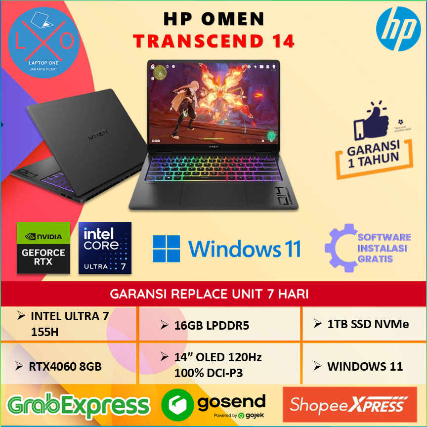 Laptop HP Omen Transcend OLED RTX4060 8GB Ultra 7 155H 16GB 1TB 14" 2.8K OLED 100% DCI-P3 Windows 11