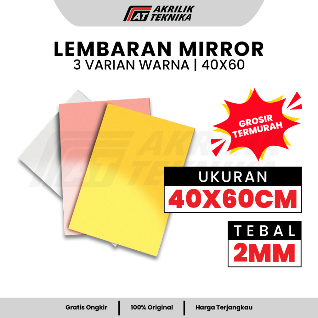 Lembaran Akrilik Cermin 40x60 cm Tebal 2 mm Warna Emas Perak Rose Gold