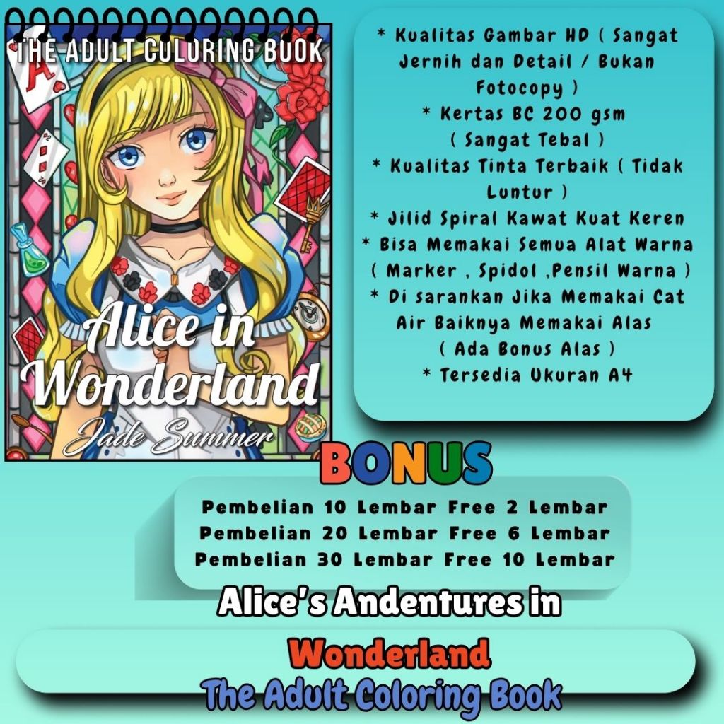 ALICE IN WONDERLAND The Adult Coloring Book Buku Mewarnai Premium Kertas BC 220 gsm Sangat Tebal Gam
