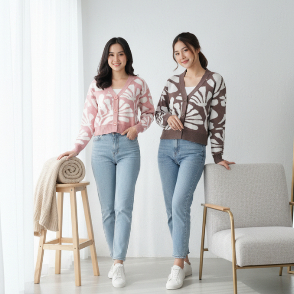 KYRA Cardigan Rajut Floria Abstract – Cardigan Rajut Motif Bunga Besar | Outer Korea Aesthetic