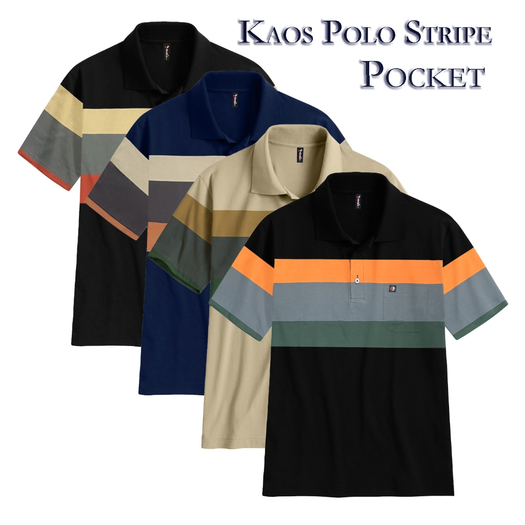 Noveli wear - Polo Shirt Pria Distro Stripe Salur Saku | Kaos Katun Belang Garis-garis L - XXL