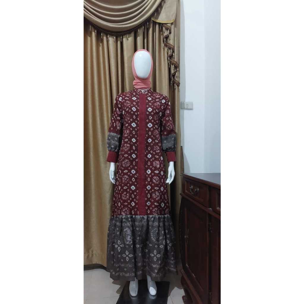 Gamis Jumputan Alam Gambo Handmade Mix Tenun Lurik